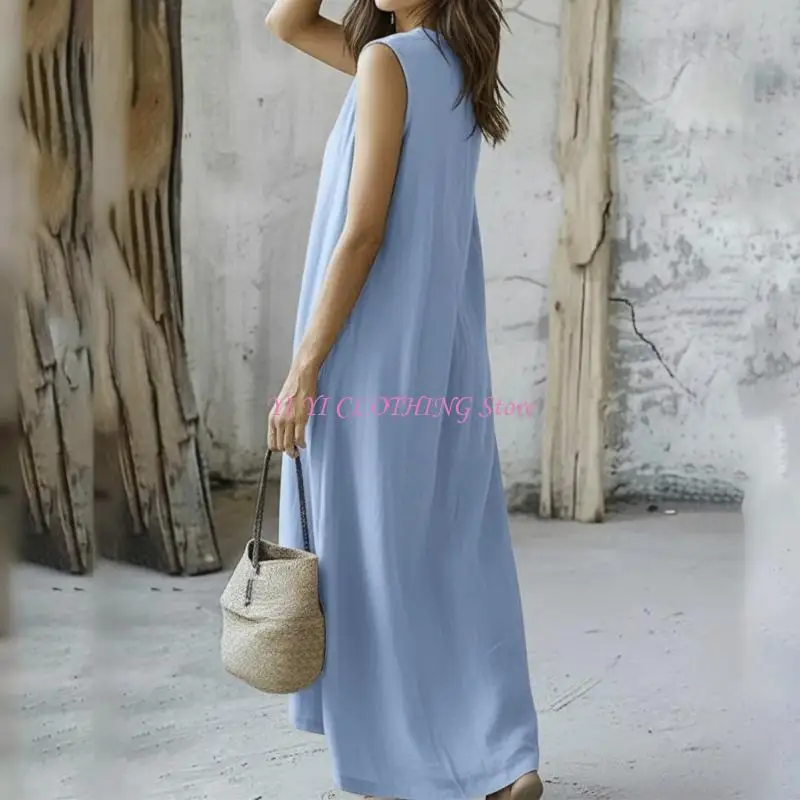 N5KF Easy Care Machine Washable Women's V Neck Sleeveless Long Dress in Breathable Polyester for Simple Maintenance