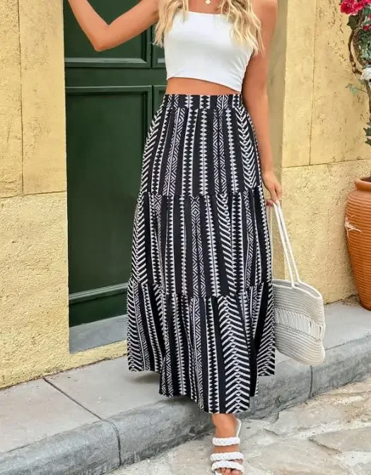 Women's Beach Vacation A Line Skirts 2026 Summer New Long Skirt Geometric Printed Skirt Ethnic Style Splicing Half Length Skirt
