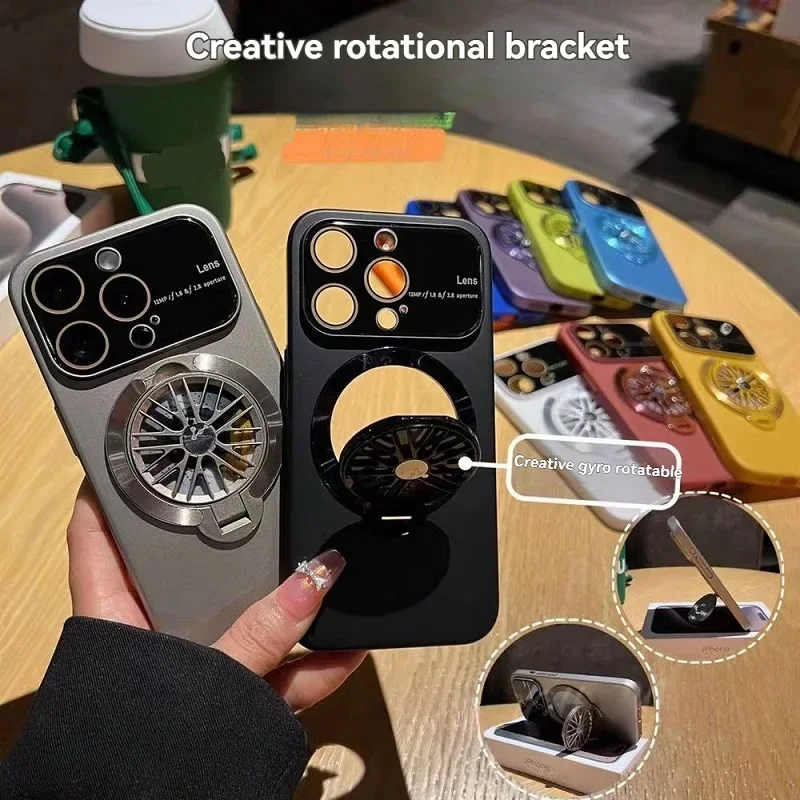 Magnetic Gyroscope Bracket Phone Case For iPhone 16 Pro Max 15 Plus 14 13 12 Pro Large Window Lens Protective Shockproof Cover