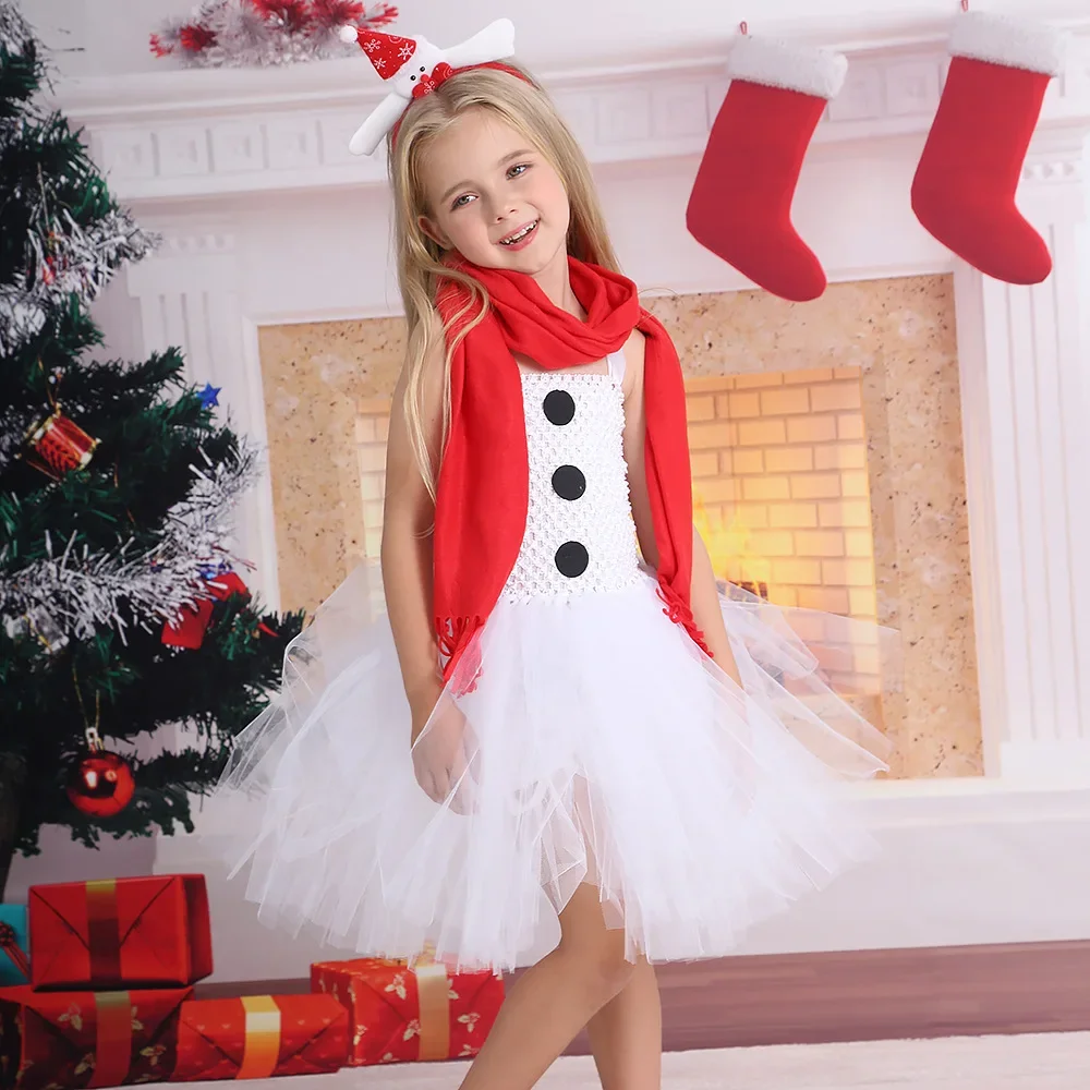 New Christmas Kids Princess Dresses Girls Snowman Dress Up Tutu Children\'s Holiday Show Clothes 3-12 Years Old