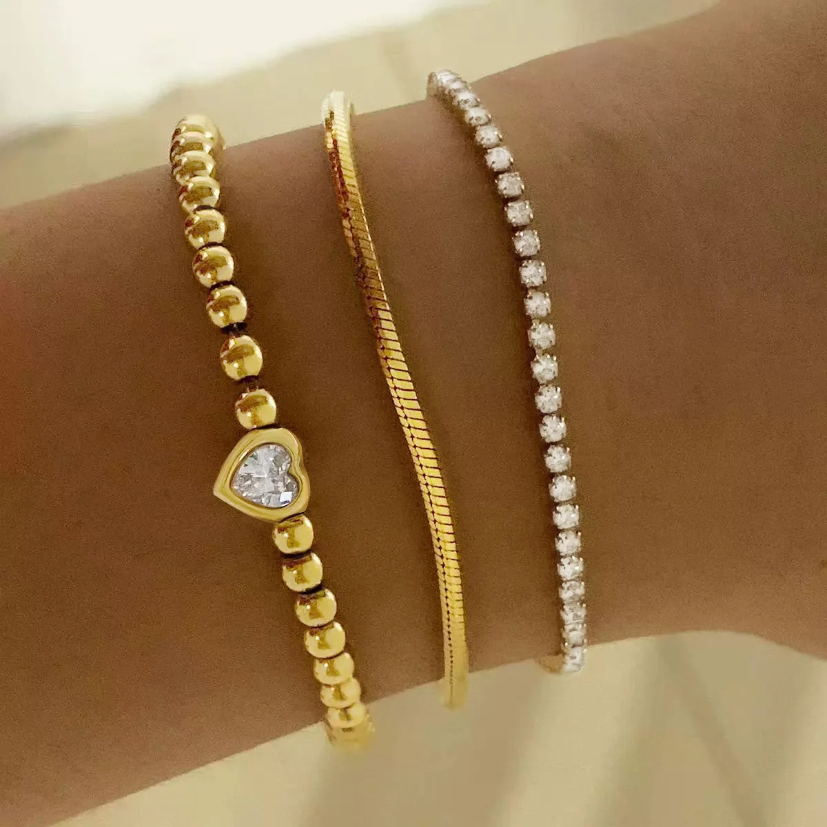 Zirconia Heart Bracelet for Women, Beaded Strand Link Bangle Gold Plated, Stainless Steel Adjustable Bracelets