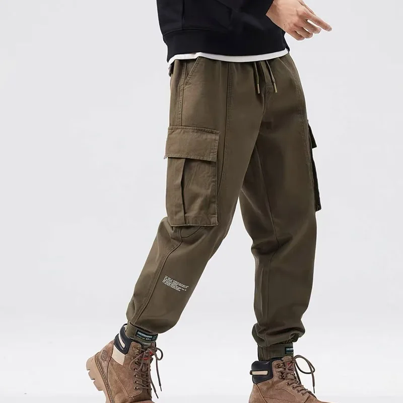 Vintage Fashion Printing Letter Multiple Pockets Stickers Man Cargo Pants Classic Loose Straight Cylinder Male Casual Trousers