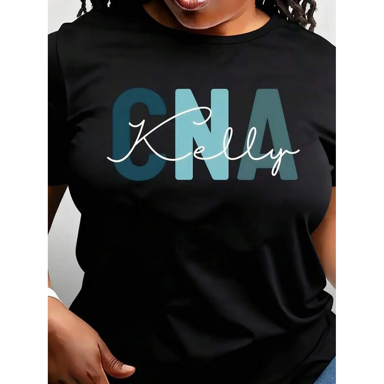 Women's Casual Crew Neck Tops, CNA Personalized Name Design, Professional Healthcare Worker Shirt, Custom Signature Style Print, Comfortable Dail