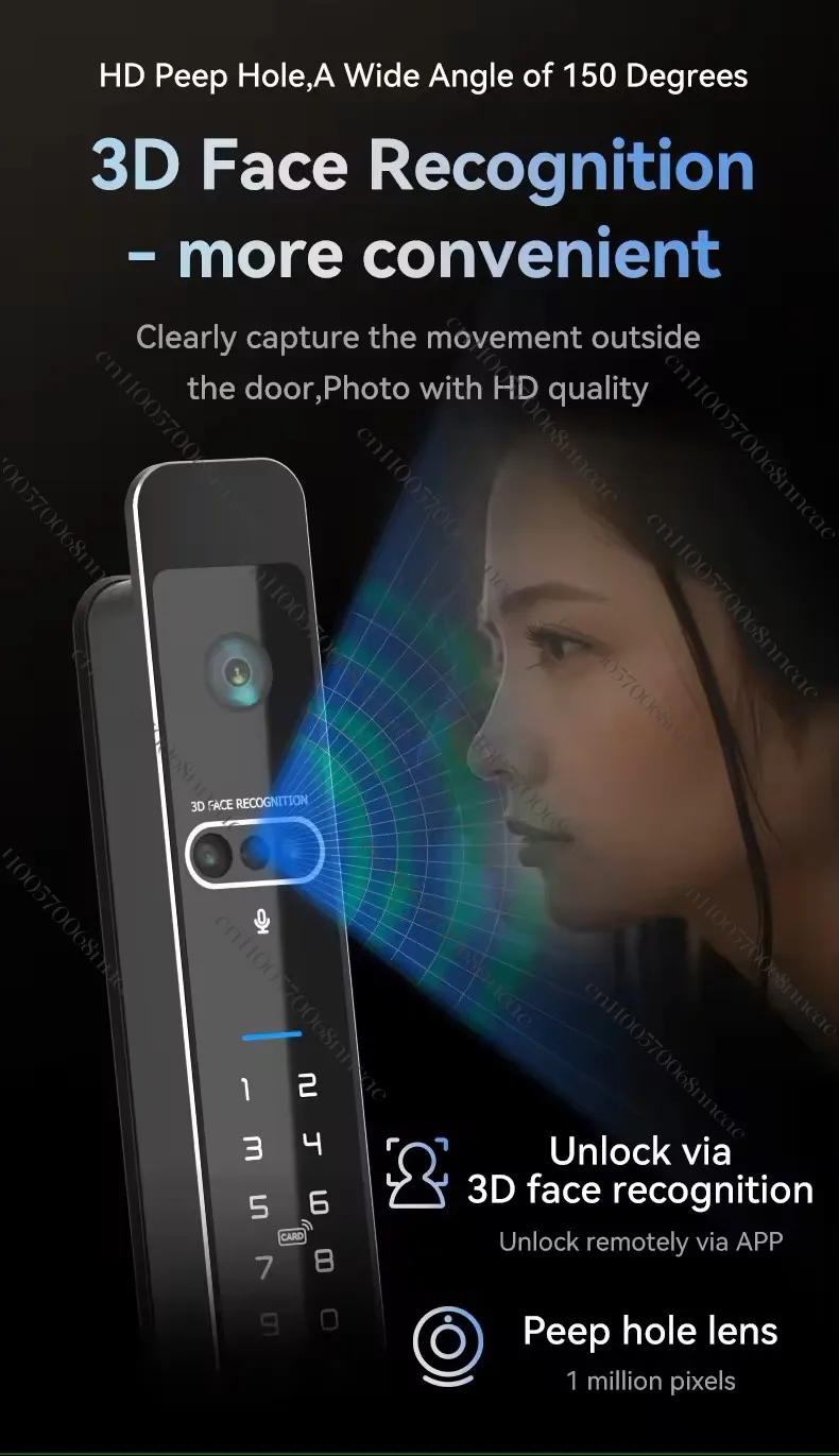 Tuya Outdoor Automatic WiFi Smart Lock with 3D Face Recognition Fingerprint & Camera for Wood & Steel Doors