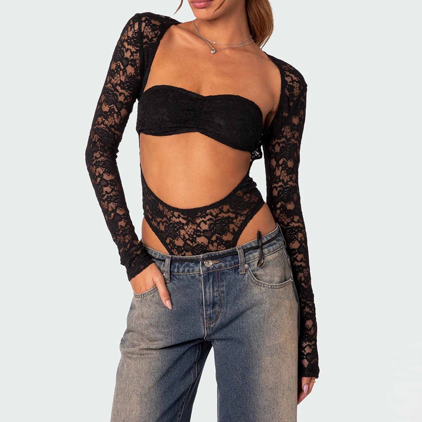 hirigin Women's Sexy Lace Cutout Leotard Tops Front Long Sleeve Bodysuit Square Neck Fitted Floral Jumpsuit Tee Tops Playsuit