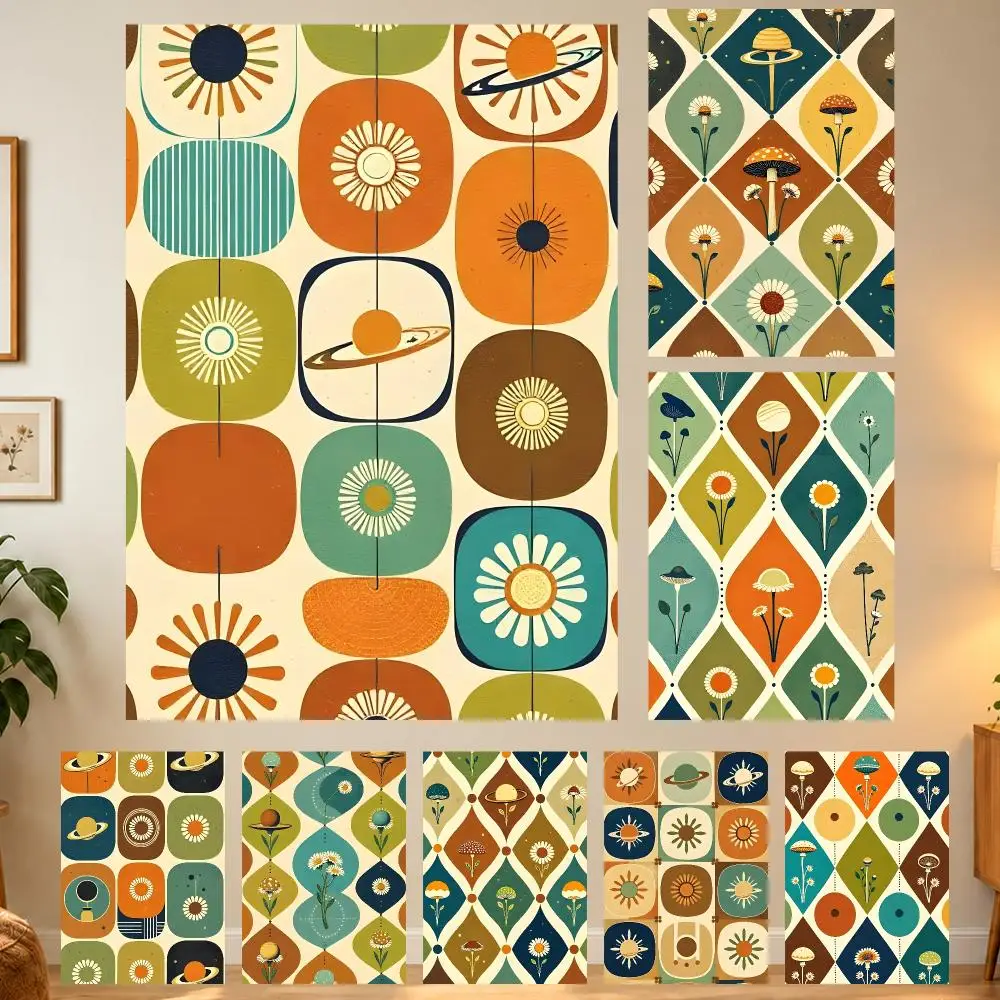 Cheerful Geometric Art Retro Mid Century Atomic Daisies Poster Home Wall Decor for Living Room Bedroom Office Aesthetic Room