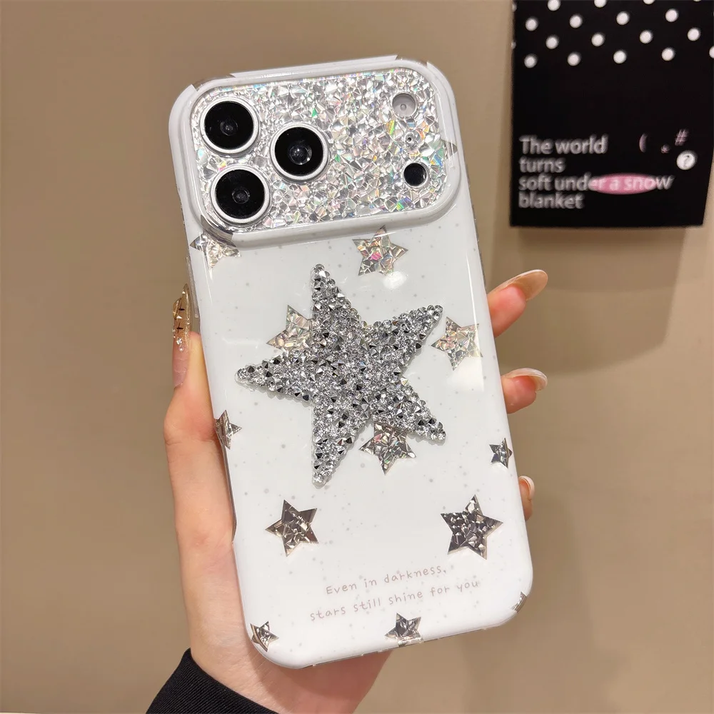 Fashion Aesthetic Pink And Blue Glitter Shining Silver Stars for iPhone 17 16 15 Pro Max Shockproof Protect Phone Cover Case