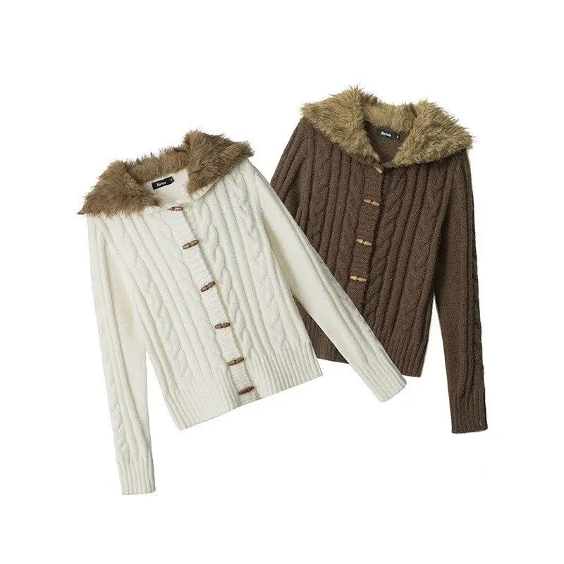 เสื้อไหมพรมผู้หญิงทรงเข้ารูป แบรนด์ HeyHenry สำหรับฤดูใบไม้ร่วงและฤดูหนาว แต่งปกขนสัตว์ ดีไซน์บิดเกลียว แขนยาว สีพื้น