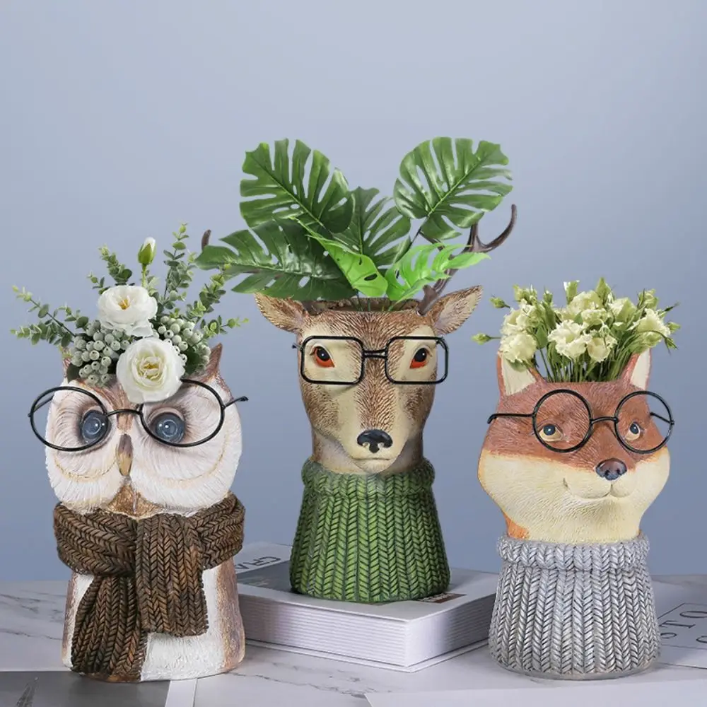 

Resin Animal with Glasses Flower Vase Owl Deer Raccoon Breathable Resin Animal Flowers Pots Cartoon Realistic