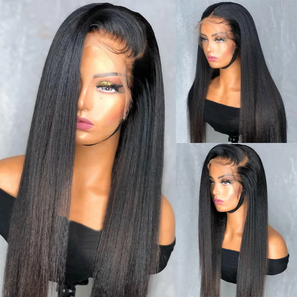 28 inch Long Soft Natural Black 180% Density Yaki Kinky Straight Lace Front Wig For Women Preplucked With Afro Baby Hair Daily