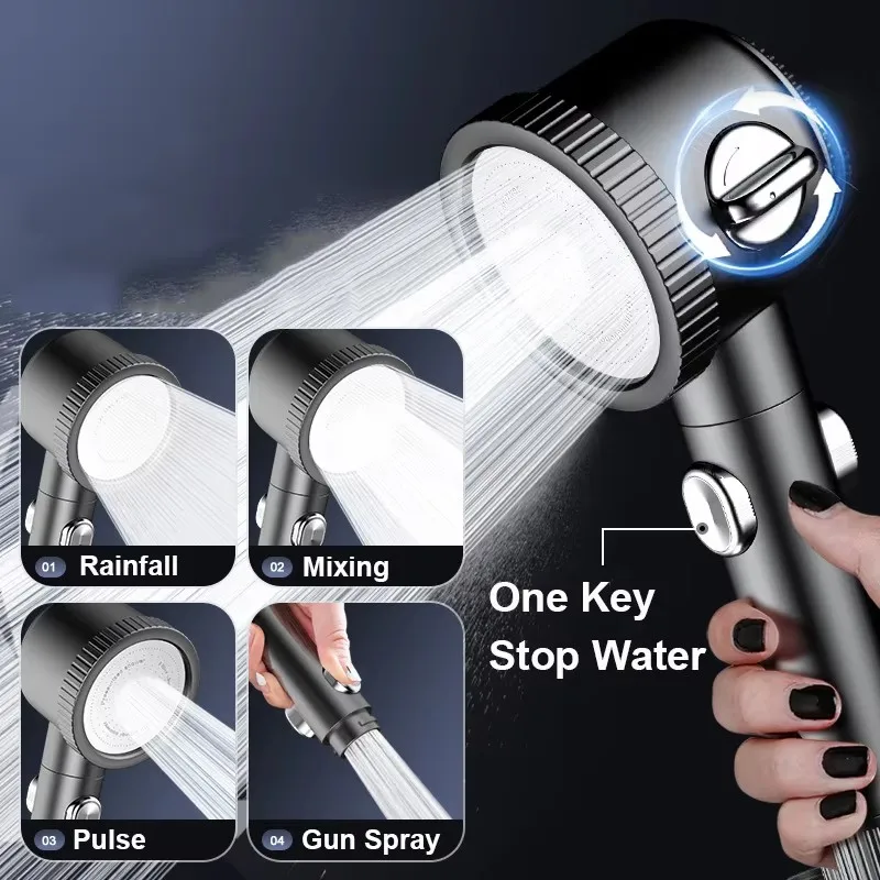

New 4 Modes High Pressure Shower Head One-Key Stop Water Saving Massage Shower Head With Filter Element Bathroom Accessories