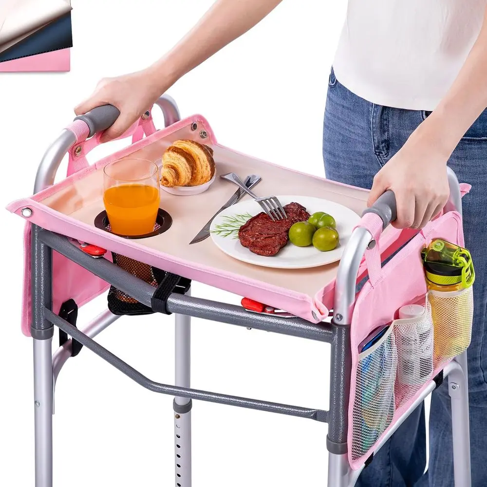 

Тумбочка-столик BAGSY для инвалидных колясок с подстаканником и 2 боковыми ящиками, складной столик для инвалидных колясок или кресел-колясок | Прочный поднос с покрытием из ПЭВА, легко моется | Универсальный инструмент