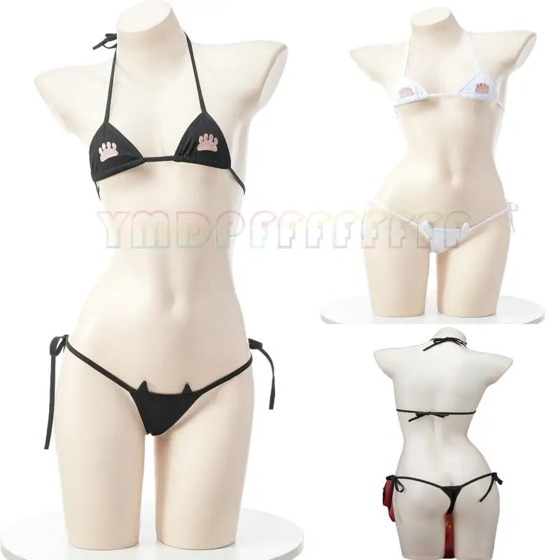 

Japanese style Kawaii sexy lingerie women's bikini set cat paw print three-point mini bra and underwear mini swimsuit beach part