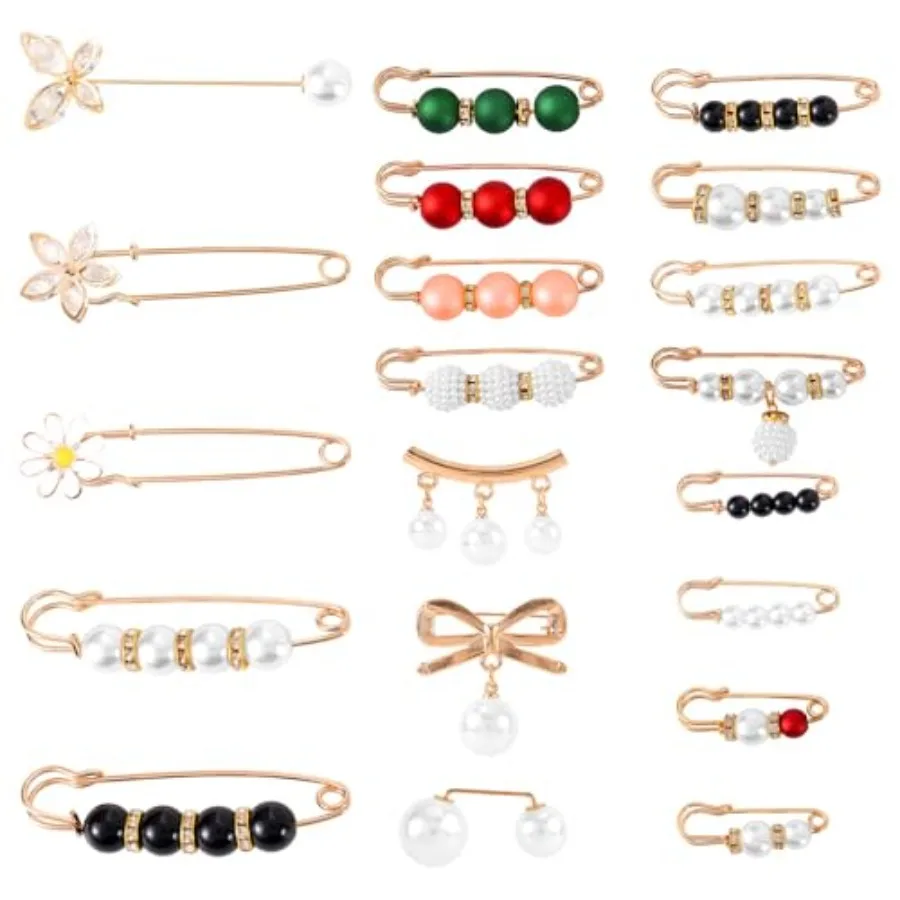 

20pcs Pearl Brooch Pins Set, Fashion Metal Round Scarf Ring Clips T-Shirt Dress Hat Collar Sweater Faux Pearl Shawl Safety Pins