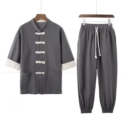 Traje Tang de estilo chino tradicional para hombre, camisa Hanfu Retro, pantalones, uniforme de Kung Fu, conjunto de Kimono japonés, abrigos, pantalones de blusa informales