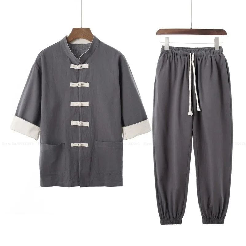 Men Traditional Chinese Style Tang Suit Retro Hanfu Shirt Trousers Kung Fu Uniform Set Japanese Kimono Coats Casual Blouse Pants