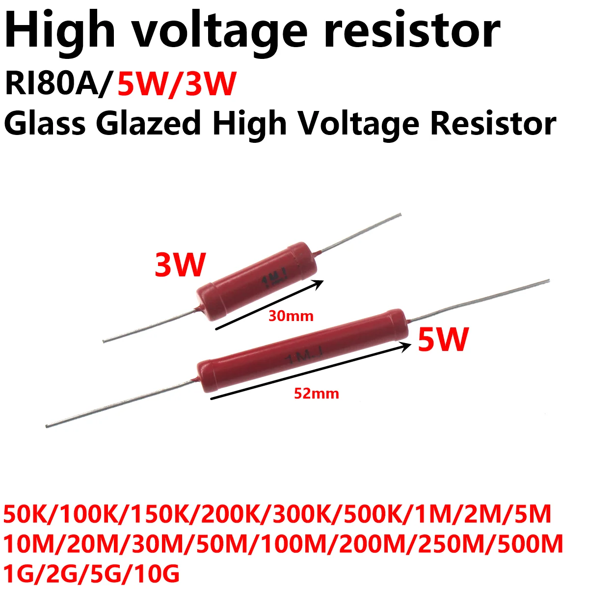 5PCS High Voltage Glass Glaze Film Resistor 5W 10K50K100K200K330K500K680K 780k  RI80A3W RI80A5W Ohm