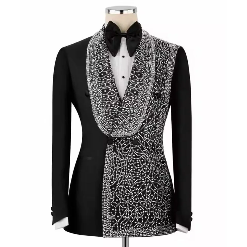 

Шикарный мужской костюм с бисерными вставками, приталенный пиджак с шалевым воротником и брюки, комплект из 2 предметов, свадебный смокинг для жениха, нарядный костюм для выпускного вечера, официальный костюм для мужчин