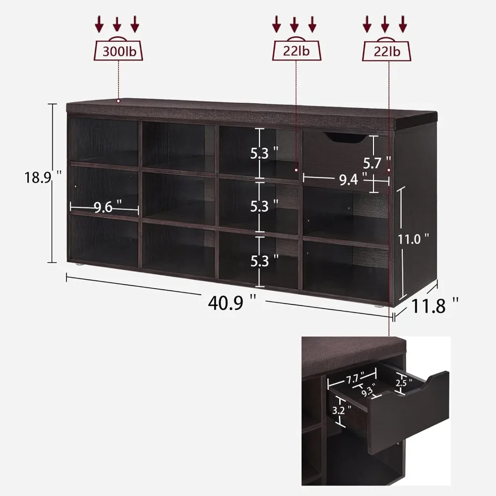 Shoe Bench, Entryway Storage Bench with Drawer and 11 Cubbies, Cubby Shoe Rack with Adjustable Shelves, Shoe Organizer Cabinet