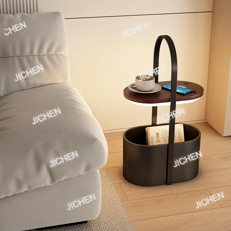 

Round End Table with Storage Modern Sofa Side Table with Built-in Shelf Multifunctional Bedroom/Living Room Corner Unit