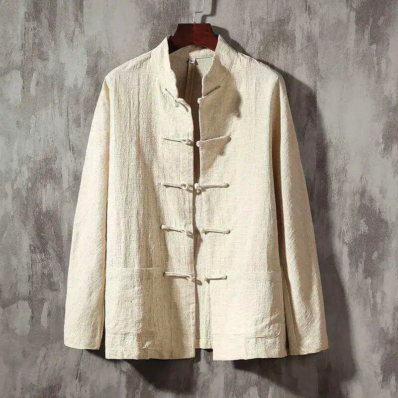 Camisa Casual de Lino y Algodón de Manga Larga para Hombre, Cuello Mao, Estilo Tradicional Chino, Traje Tang, Estilo Vintage, Tallas Grandes, Ropa Masculina