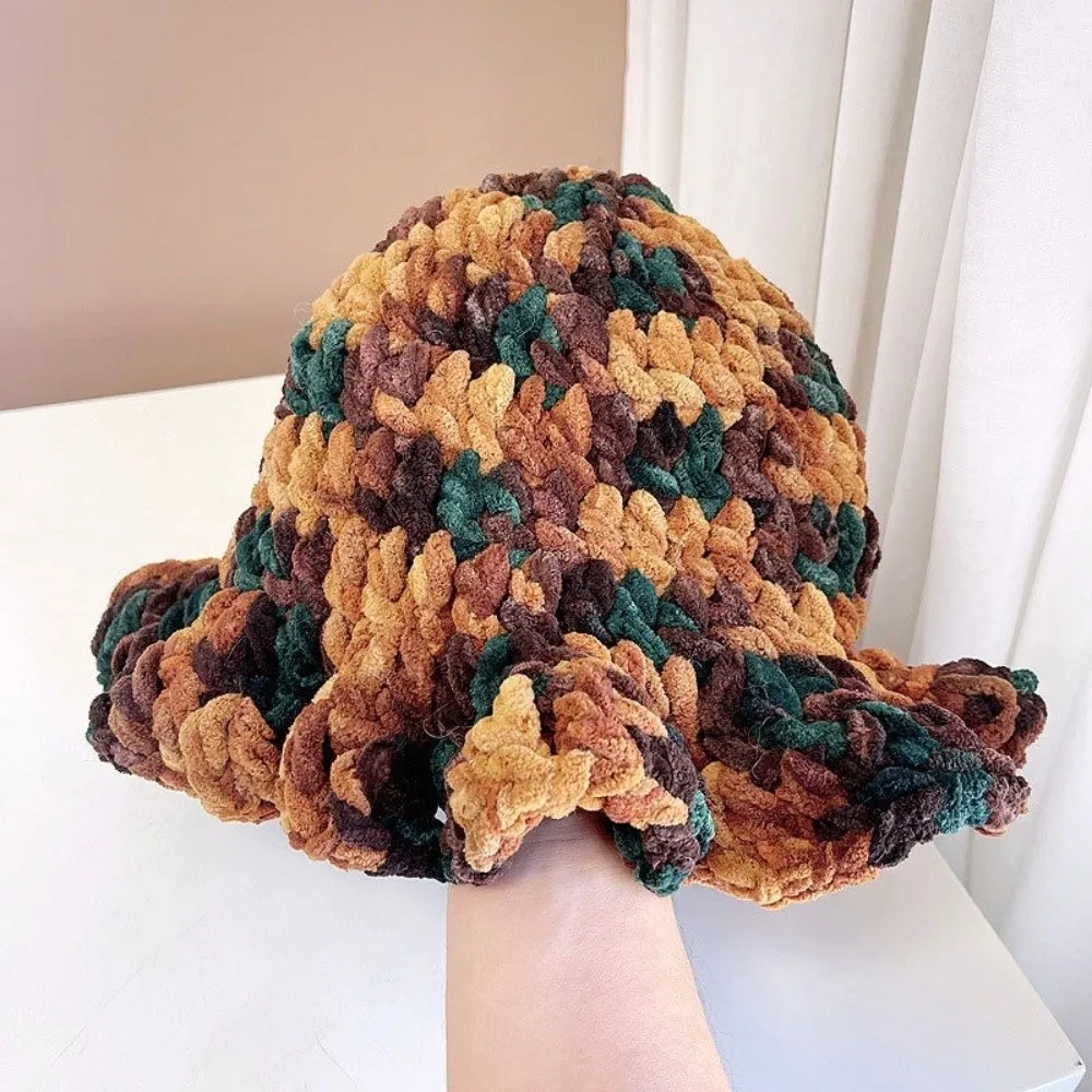 Fashion Sweet Ruffled Edge Fisherman Hat Cable Knit Wavy-Brimmed Knitted Beanie Thick Handcrafted Winter Warm Bucket Hat Outdoor