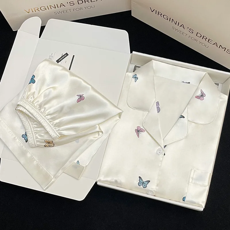 

Новый комплект женской пижамы из ледяного шелка с коротким рукавом, летний домашний костюм с принтом бабочек, мягкий и удобный пижамный комплект