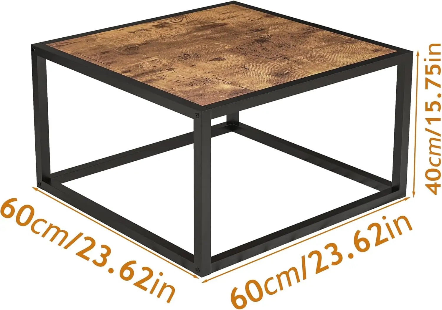 Mesa de centro cuadrada moderna, color negro y marrón rústico, mesa auxiliar/centro/lateral sencilla con tapa de madera y estructura de metal resistente,