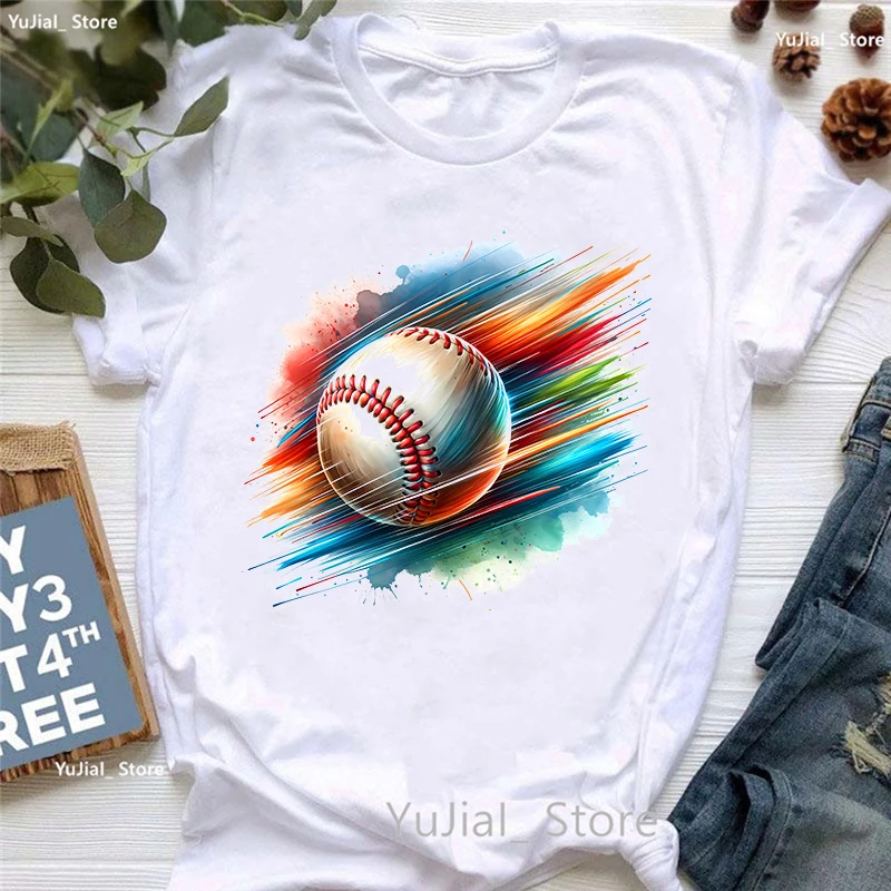 

Rainbow Baseball Printed T Shirt Women'S Clothing Funny White Tshirt Femme Harajuku Shirt Summer Fashion T-Shirt Female