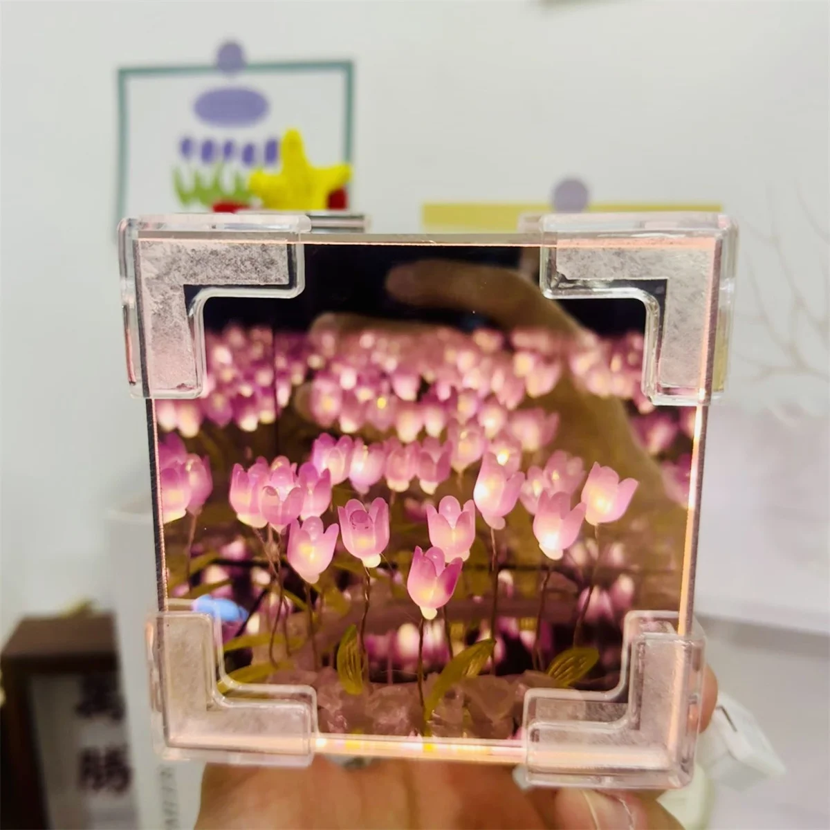 3D Mirror Night Light Decorative Ornaments DIY Handmade Material Set Romantic Flower Sea Tulip Rubik Cube Desktop Birthday Gifts