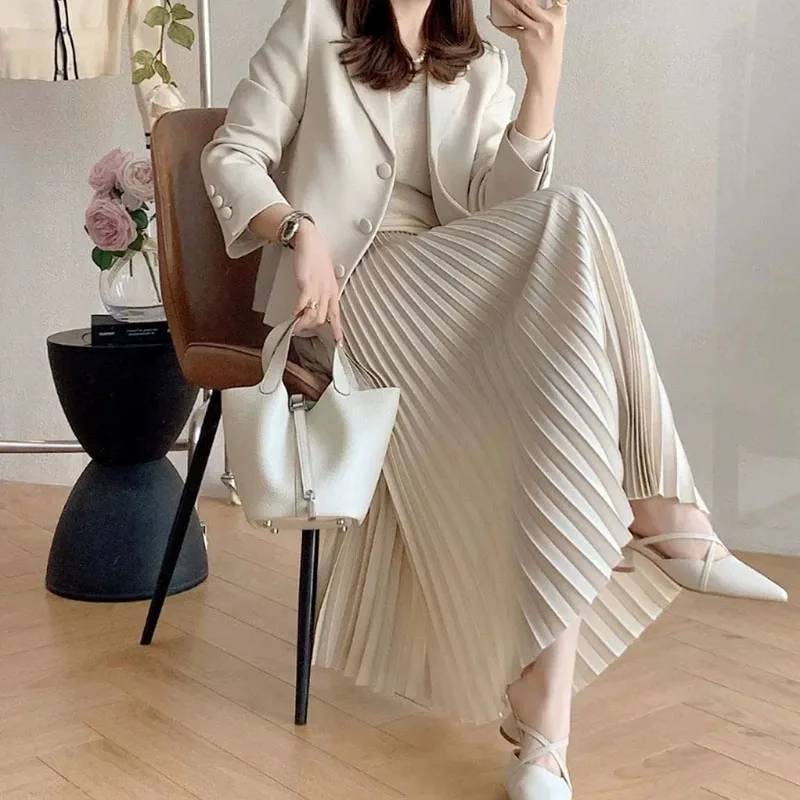 

Autumn Winter High Quality Pleated Skirt for Women Elegant Commuting Office Long Skirts Ladies Solid Color All-Match Midi Skirts