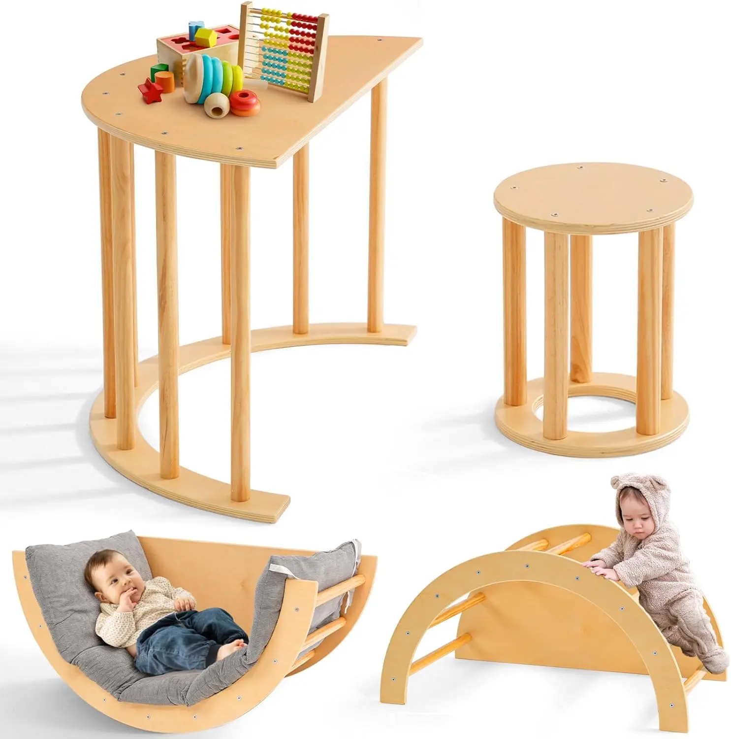 

Climbing Arch, 5 in 1 Wooden Climbing Arch for Toddlers, Montessori Sensory Arch Table with Cushion & Stool, Ideal Indoor Gym Le