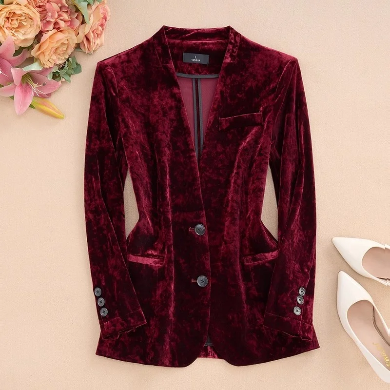 Spring And Autumn New Printed Collarless Velvet Suit Jacket High-End Long Sleeved Women's OL Professional Blazer Coat w1141  ﻿