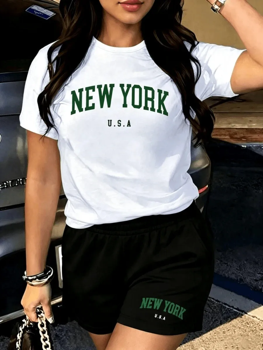 2026 summer popular street sports casual fashionable 3D letter pattern printed women's short-sleeved suit