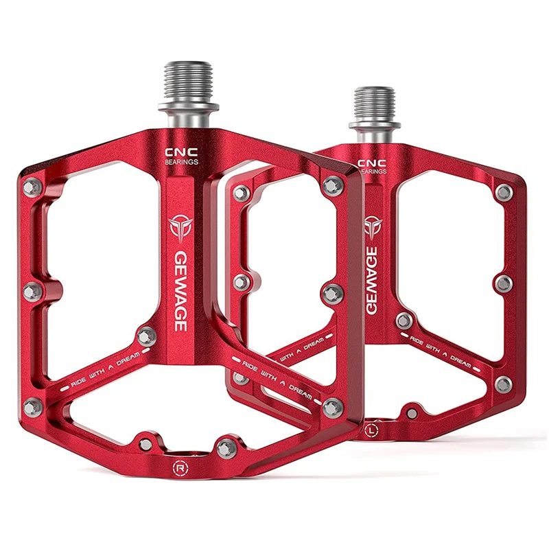 GEWAGE Road/Mountain Bike Pedals - 3 Bearings Bicycle Pedals - 9/16Inch CNC Machined Flat Pedals Bicycle Parts,Red