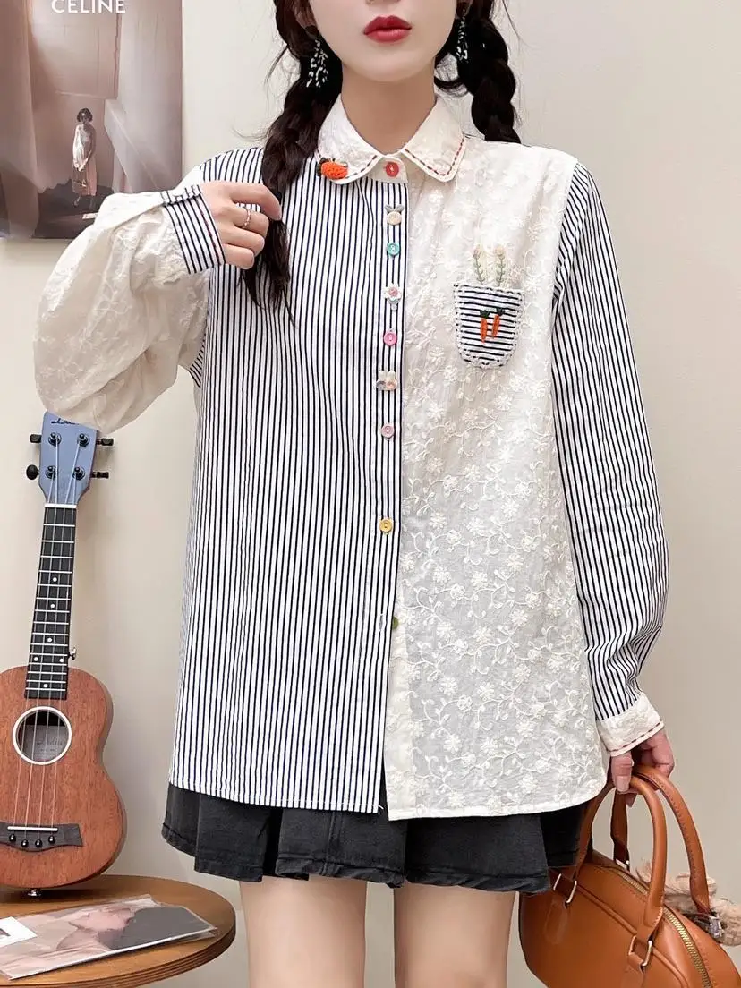 Japan Style Mori Girl Carrot Embroidery Lace Striped Patchwork Shirts Women Spring Autumn Vintage Long Sleeve Stylish Blouse Top