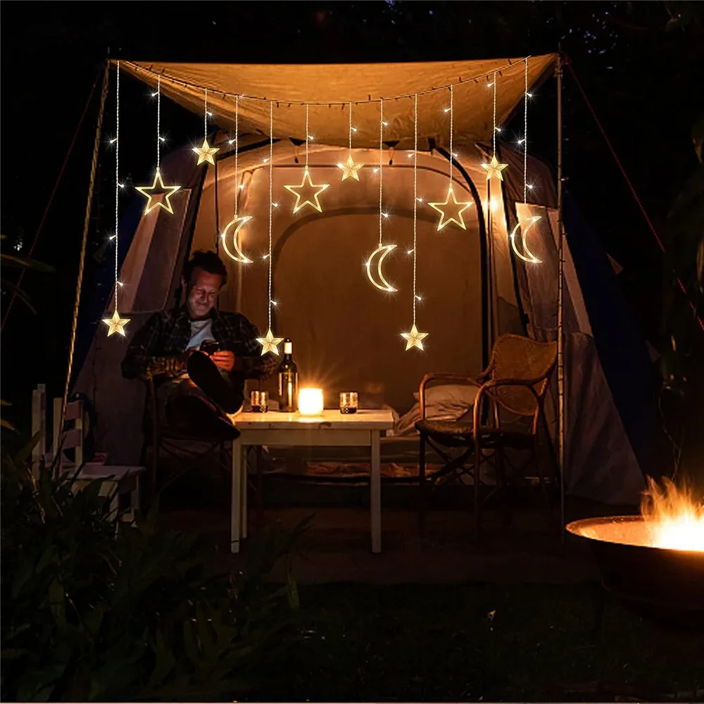 220V 138 LEDs Curtain Lights Christmas Moon Star Window Fairy String Lights for Indoor Window Patio Kid Bedroom Decoration