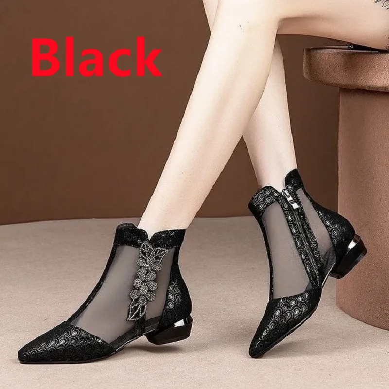 Botas Femininas moda damska szpiczasty nosek kryształowe błyszczące botki Lady niebieska siateczka oddychające jesienne buty Zapatos Mujer A236