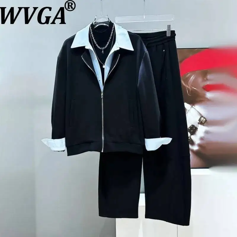 WVGA Spring Autumn New Men Tide Patchwork Fake Two-Piece Design Jacket Niche Chic Casual Straight Pants Two-Piece Set Ins W16805
