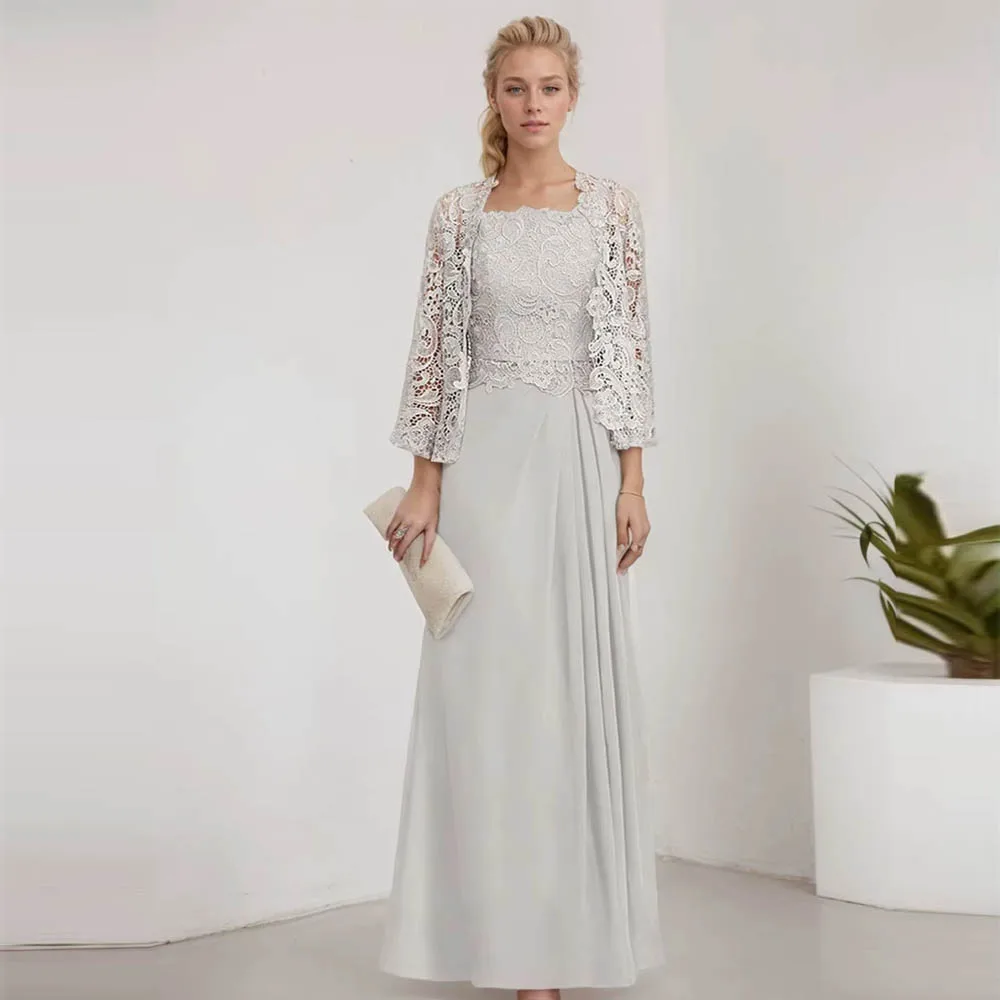 

Customized A-Line Mother of the Bride Dress Suit Elegant Formal Ankle Length Chiffon Lace Side-Draped Wedding Party Dresses