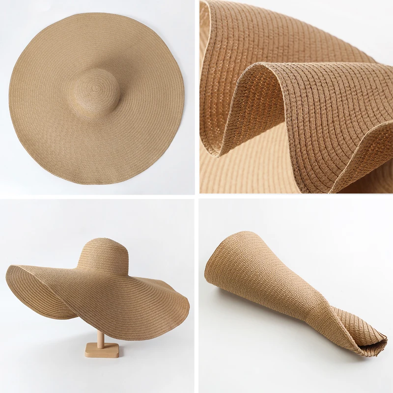 Sombreros de sol de ala ancha grande de 70cm para mujer, sombrero de playa de gran tamaño, sombrero de paja de viaje plegable, sombrero de