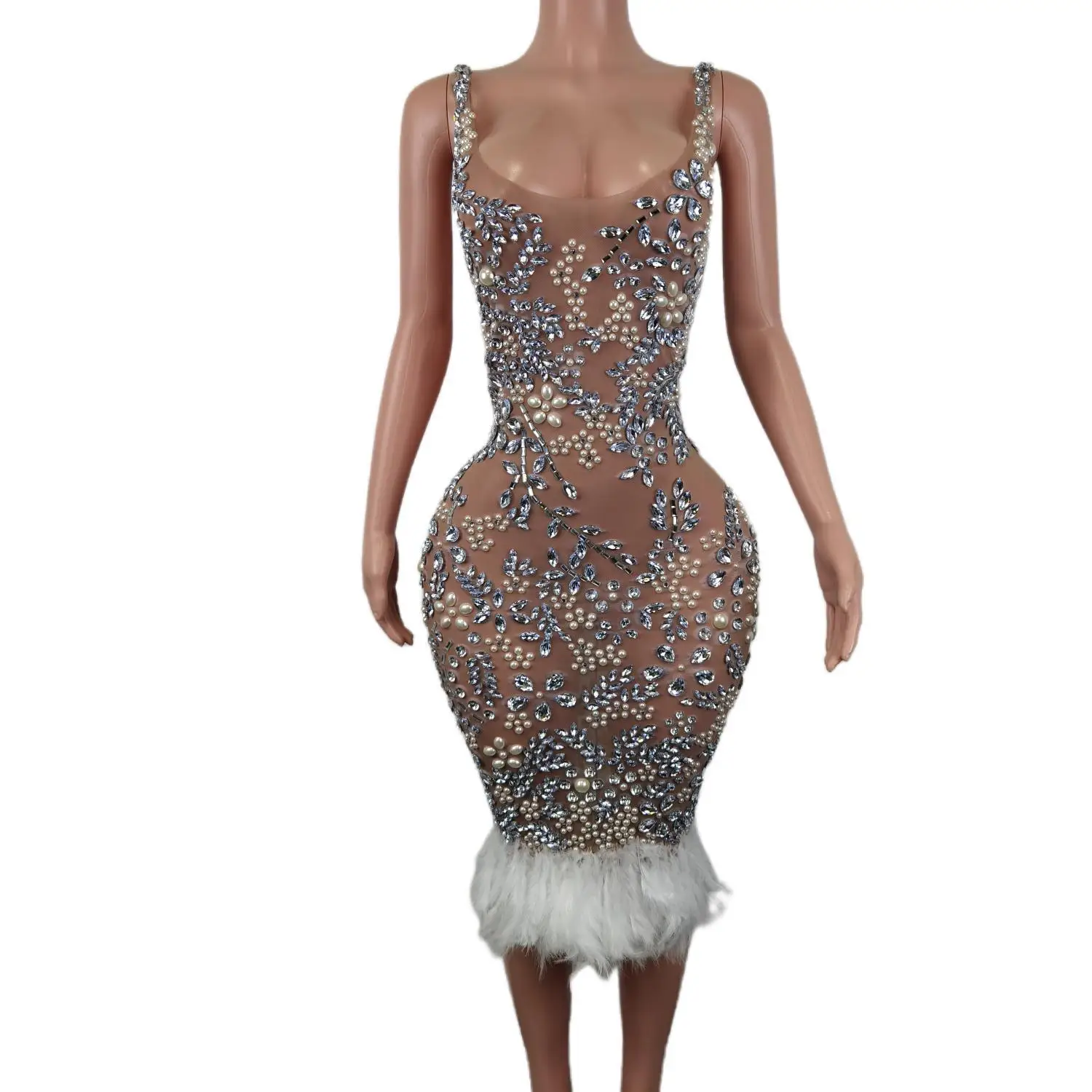 Flashing Silver Crystals Pearls Sexy Transparent Feather Dress Evening Birthday Celebrate Mesh Stretch Evening Sleeveless Dress