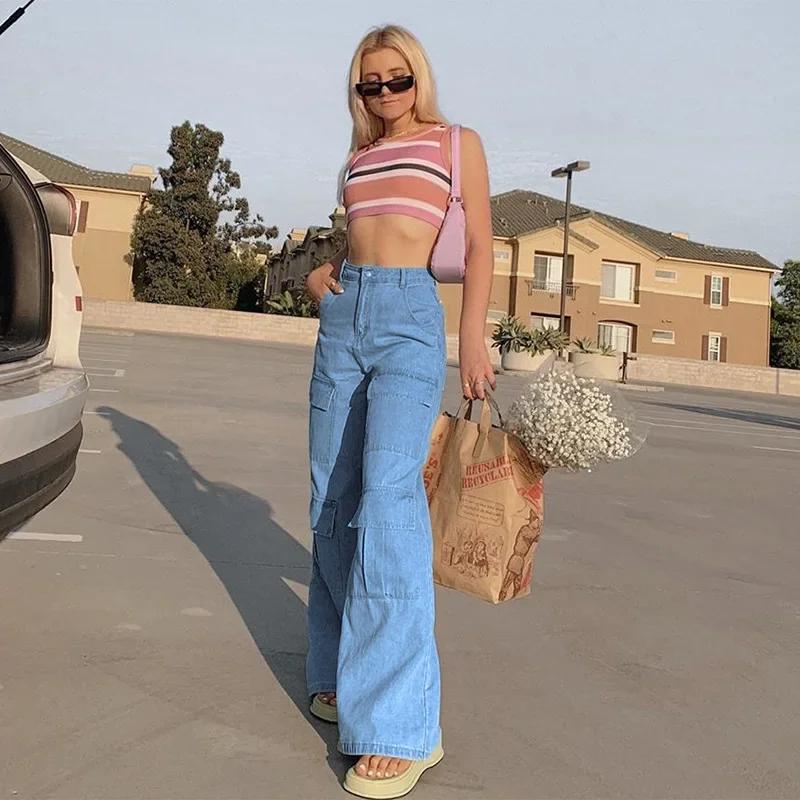 

Women 90s Y2K Casual Streetwear Boyfriend Denim Jeans Patchwork Wide Leg Mom Jeans Big Pocket Cargo Pants Vintage Mopping Pants