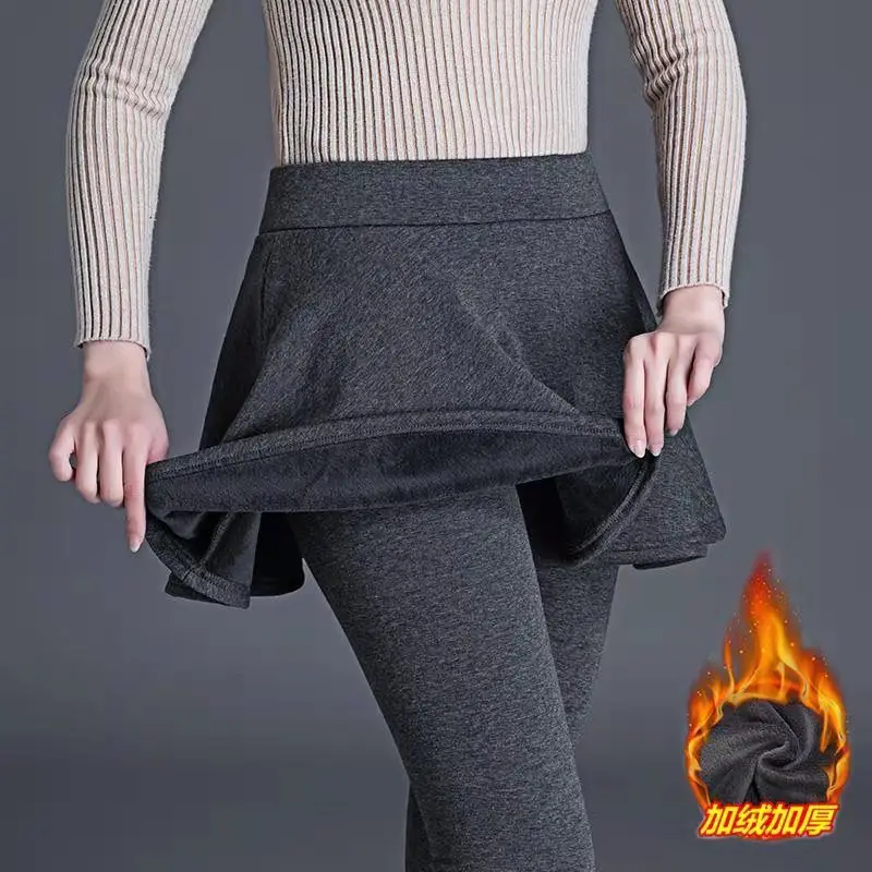 Leggings en velours de coton pour femmes, fermeture éclair Invisible à Double tête pour sortir sur le terrain, vêtements d'extérieur, fausse jupe plissée en deux pièces