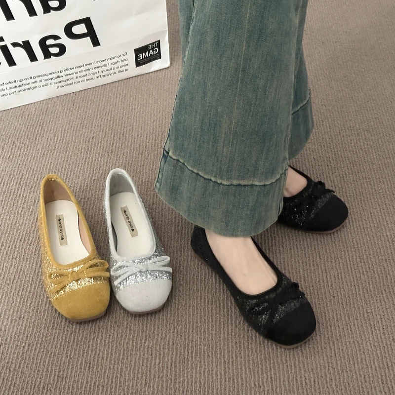 

Весенние блестящие женские балетки без застежек, удобные туфли с круглым носком на мягкой подошве, элегантные блестящие туфли Мэри Джейн для женщин