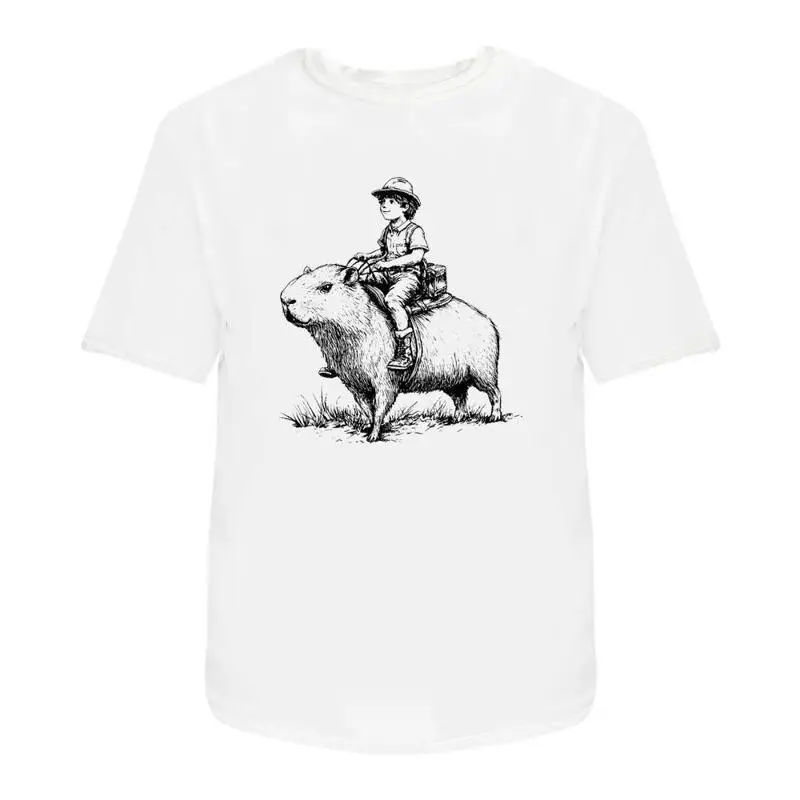 Boy Riding A Capybara' Cotton T Shirt Ta049204