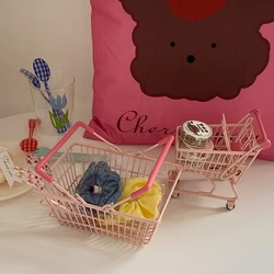 Ins Cute Pink Trolley Shopping Basket Storage Toy Creative Mini Kawaii Desktop Decoration Gift Dollhouse Furniture Accessories