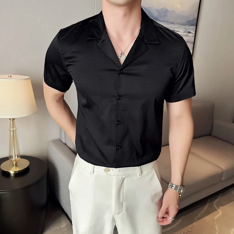 

2024 Spring Summer Suit Collar Shirt Men White Black Short Sleeve Casual Shirts Versatile Social and Business Men's Clothing 4XL