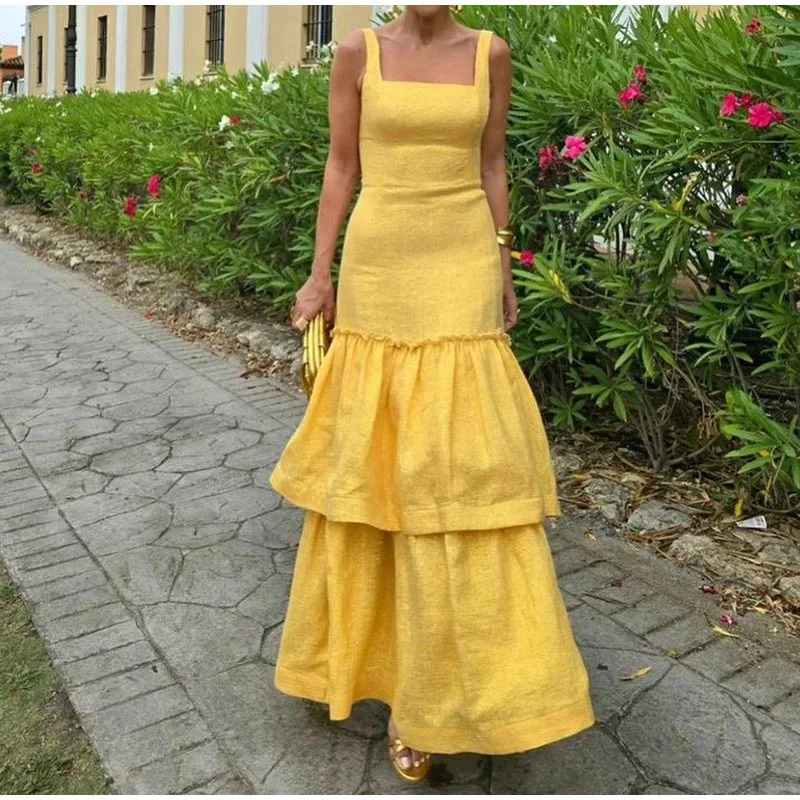 

Fashion Layered Ruffled long yellow dress Women Square Collar Sleeveless Robes 2024 Summer Female Party Club Evening Dresses