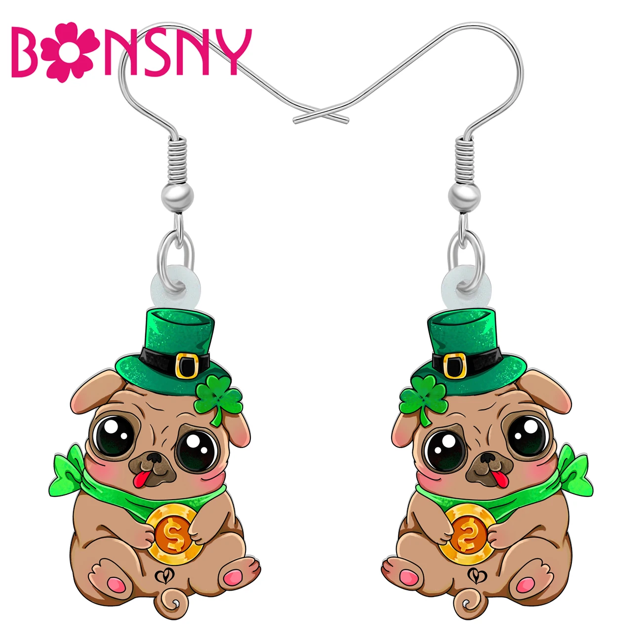 BONSNY Acrylic St Patricks Day Cute Pug Dog Earrings Green Clover Hat Puppy Animals Jewelry Good Luck Gifts For Women Pet Lovers